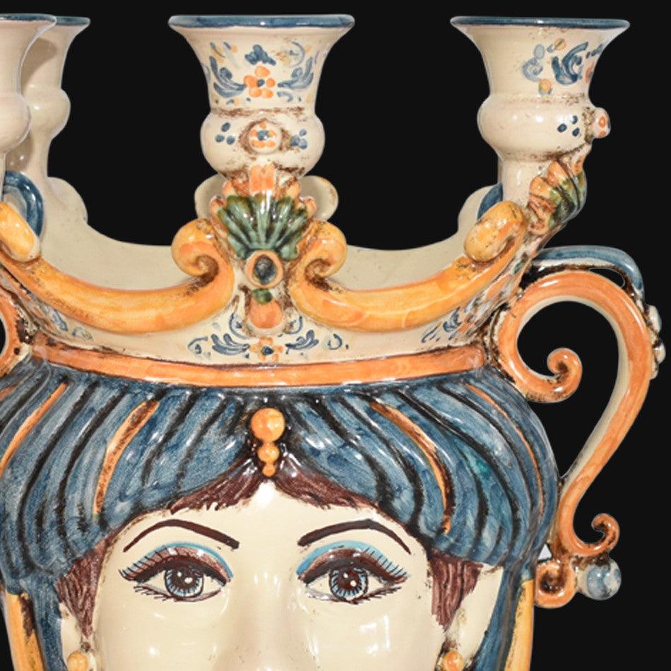Testa h 25 a candeliere blu e arancio donna - Ceramiche di Caltagirone Sofia