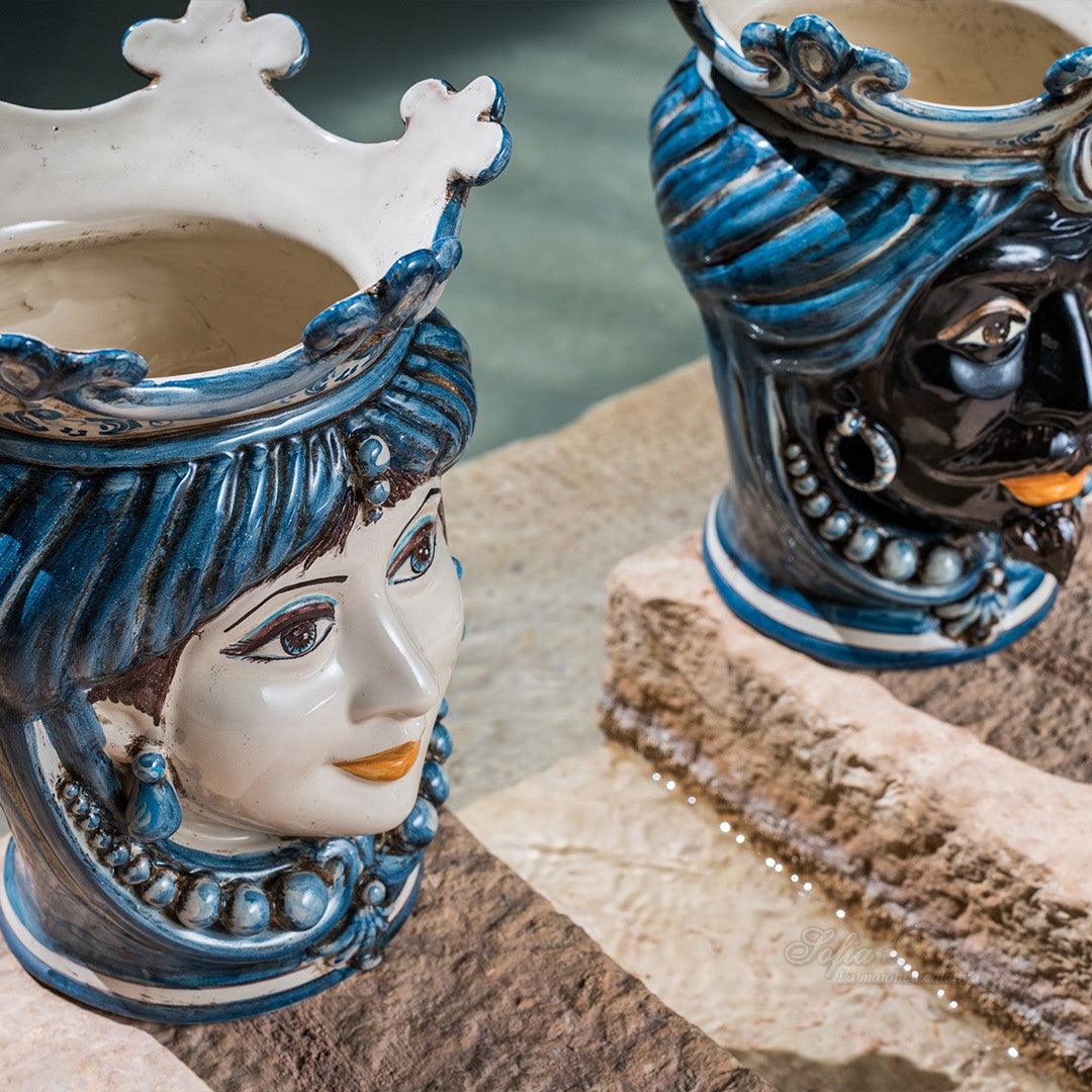 Testa h 25 c/perline mono blu femmina - Ceramiche di Caltagirone Sofia
