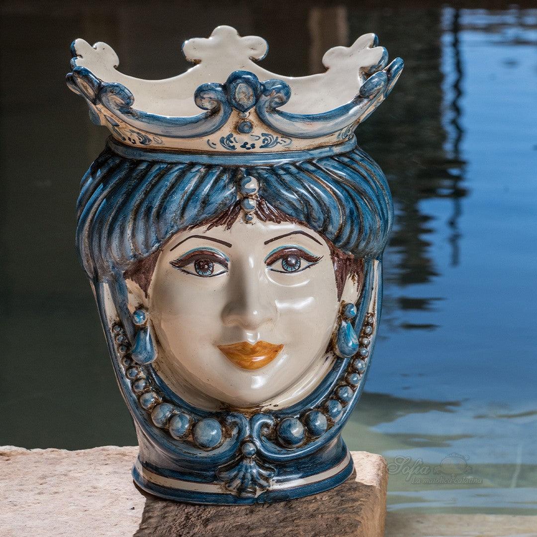 Testa h 25 c/perline mono blu femmina - Ceramiche di Caltagirone Sofia