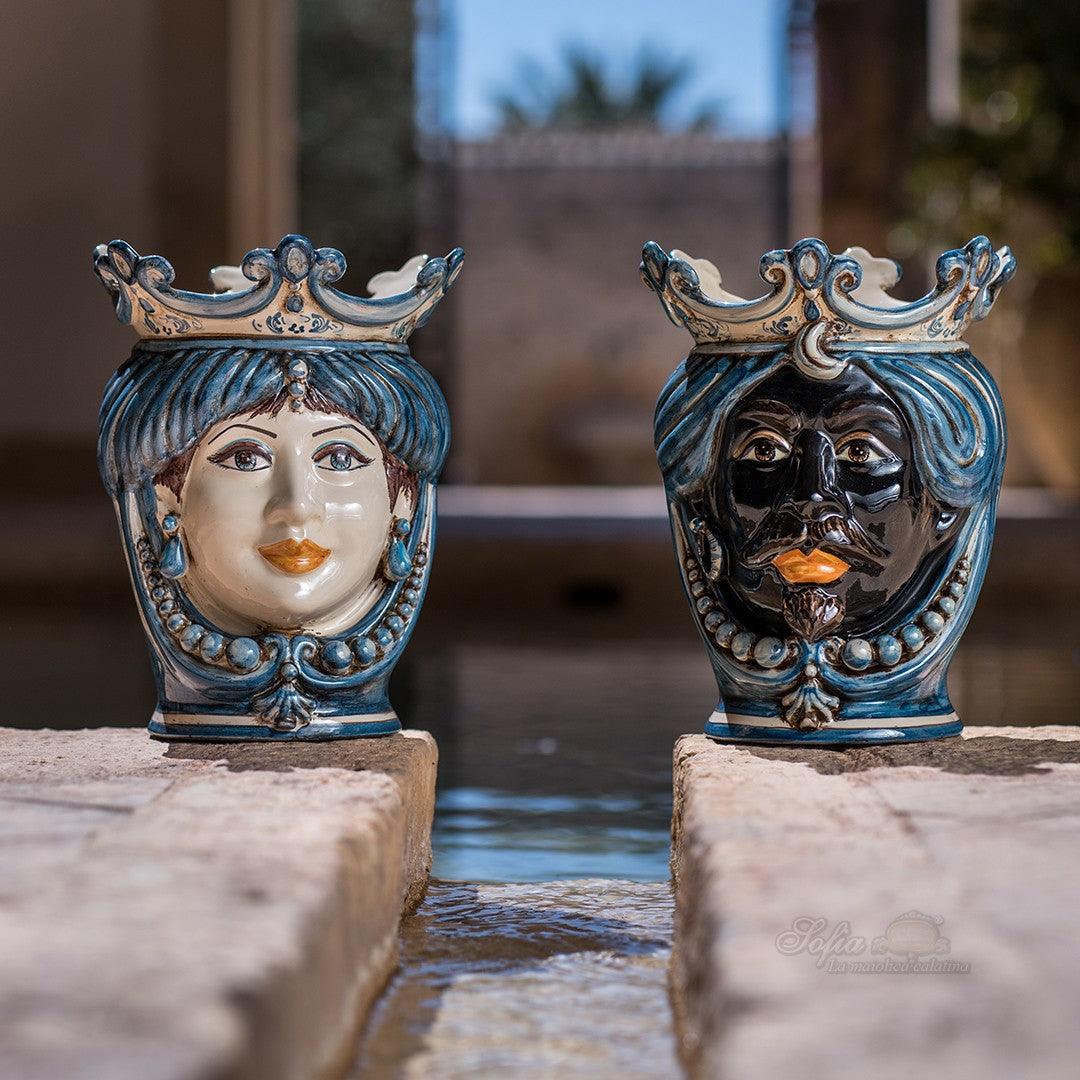 Testa h 25 c/perline mono blu femmina - Ceramiche di Caltagirone Sofia