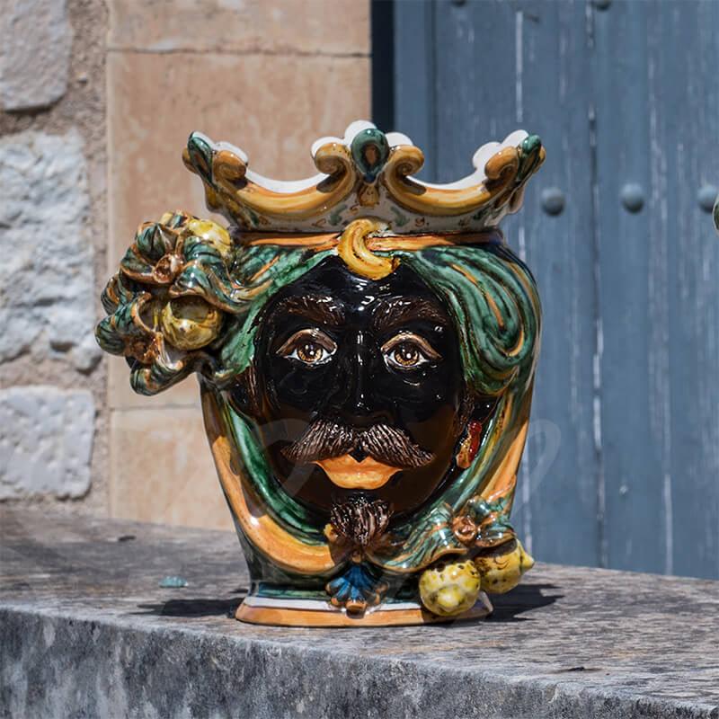 Testa h 25 limoni verde/arancio maschio moro - Ceramiche di Caltagirone Sofia