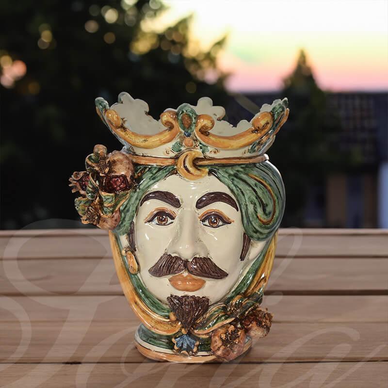 Testa h 25 melograni verde/arancio maschio bianco - Ceramiche di Caltagirone Sofia