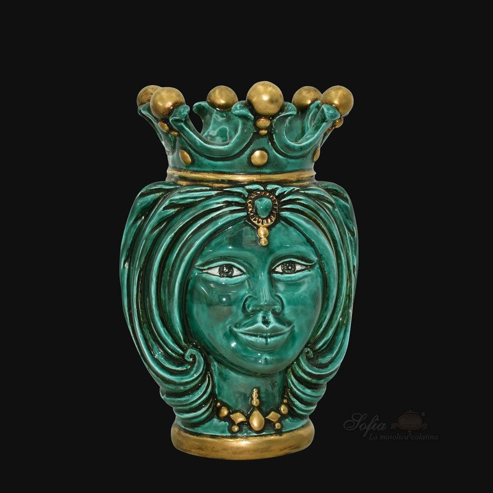 Testa h 25 Verde Rame con dettagli in oro zecchino femmina - Teste di moro moderne Sofia Ceramiche - Ceramiche di Caltagirone Sofia