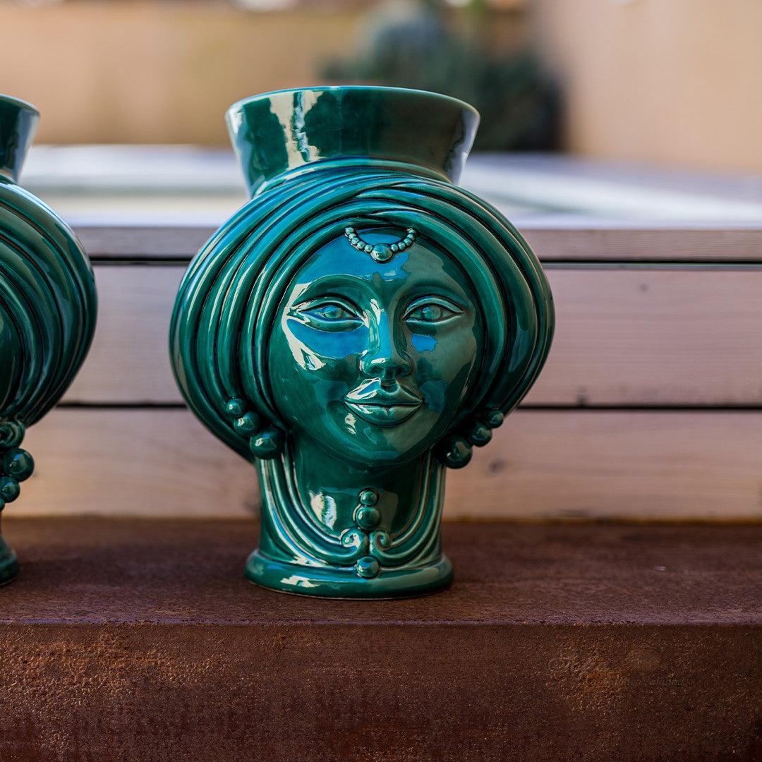 Testa h 30 corona liscia Verde Smeraldo Donna - Teste di moro moderne Sofia Ceramiche - Ceramiche di Caltagirone Sofia