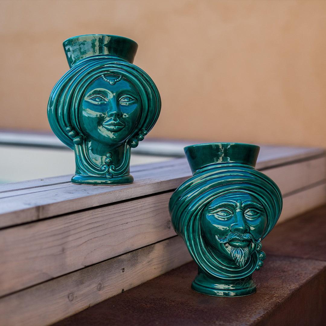 Testa h 30 corona liscia Verde Smeraldo Donna - Teste di moro moderne Sofia Ceramiche - Ceramiche di Caltagirone Sofia