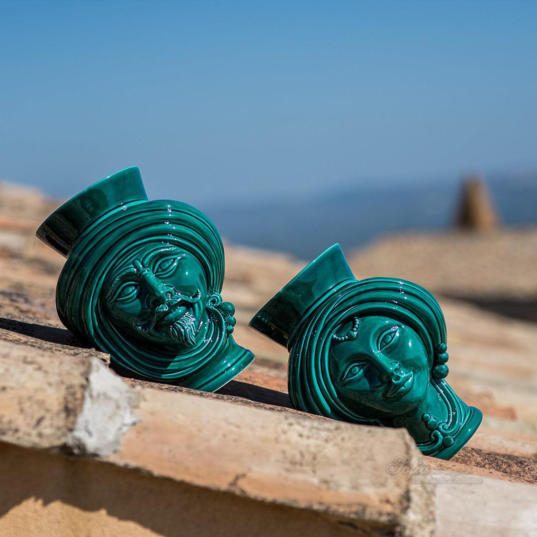 Testa h 30 corona liscia Verde Smeraldo Donna - Teste di moro moderne Sofia Ceramiche - Ceramiche di Caltagirone Sofia