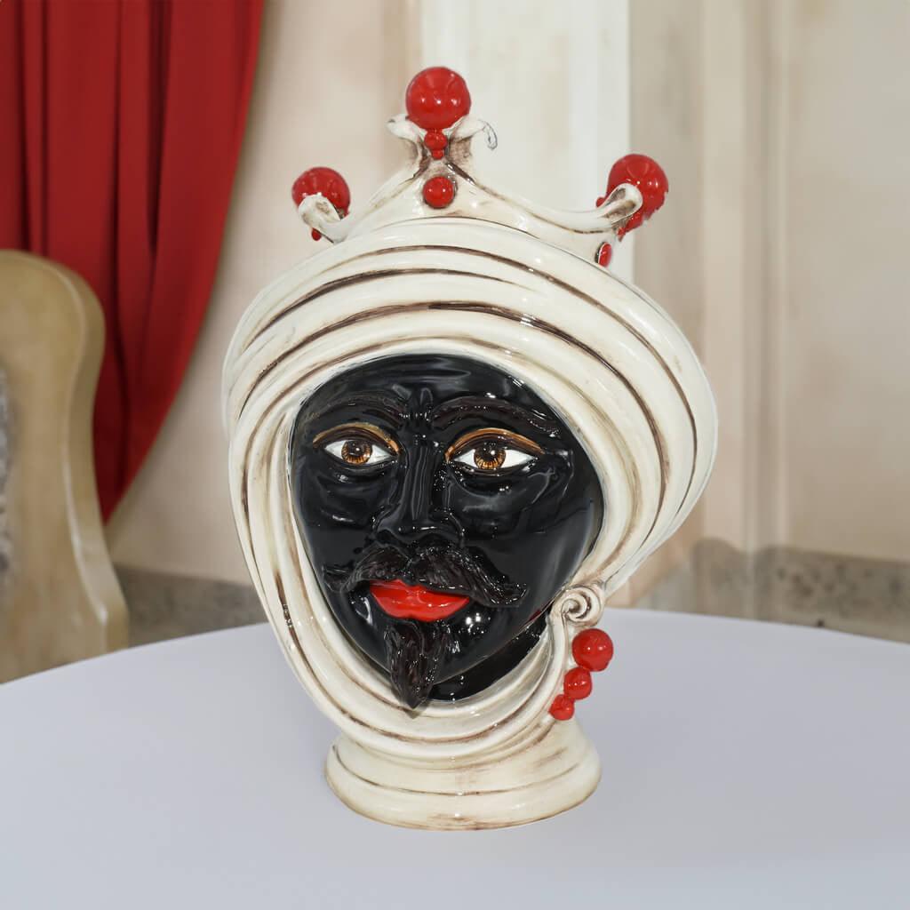 Testa h 30 madreperla con palline rosse maschio moro - Ceramiche di Caltagirone Sofia