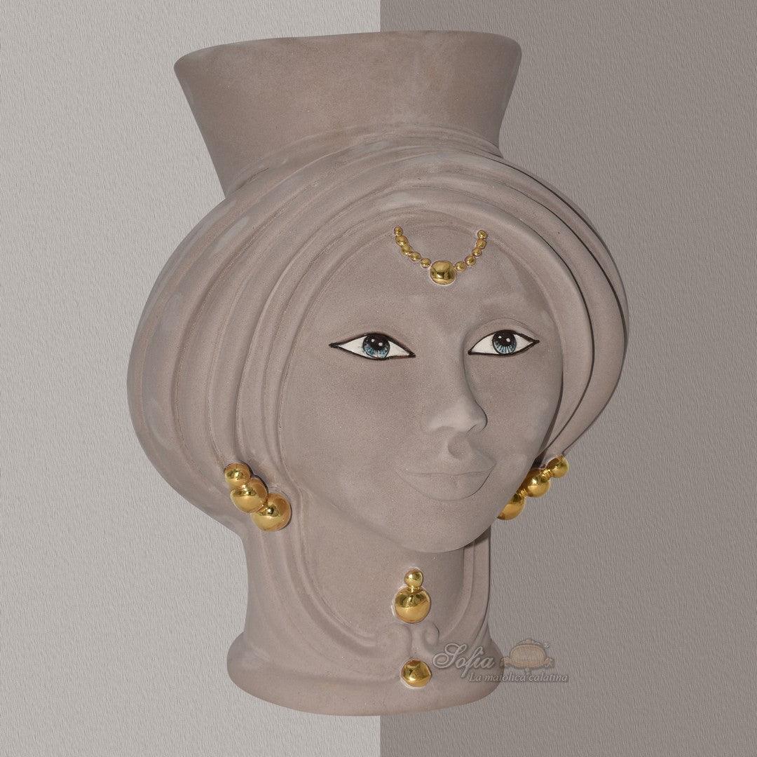 Testa h 30 Tortora Opaco con perline oro zecchino Donna - Teste di moro moderne Sofia Ceramiche - Ceramiche di Caltagirone Sofia
