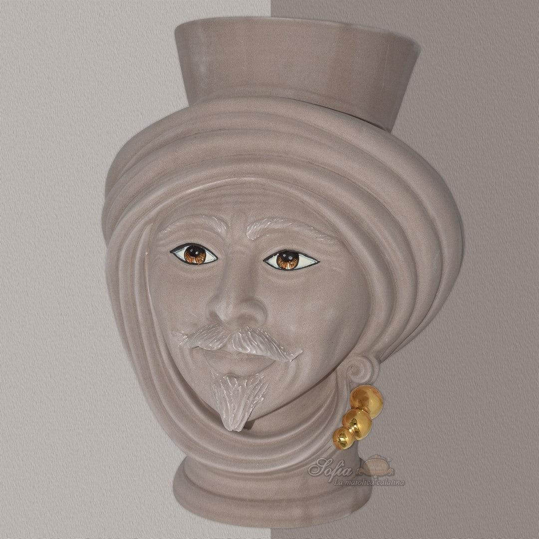 Testa h 30 Tortora Opaco con perline oro zecchino maschio - Teste di moro moderne Sofia Ceramiche - Ceramiche di Caltagirone Sofia
