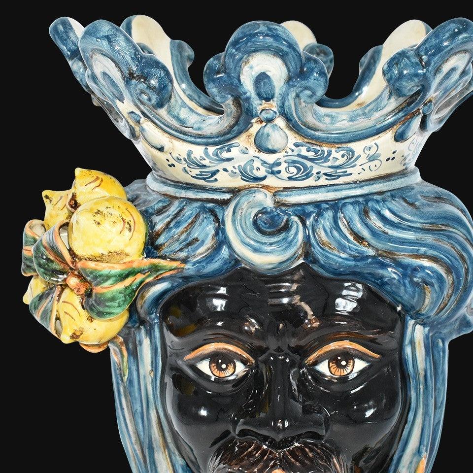 Testa h 40 con limoni siciliani mono blu maschio moro - Ceramiche di Caltagirone Sofia