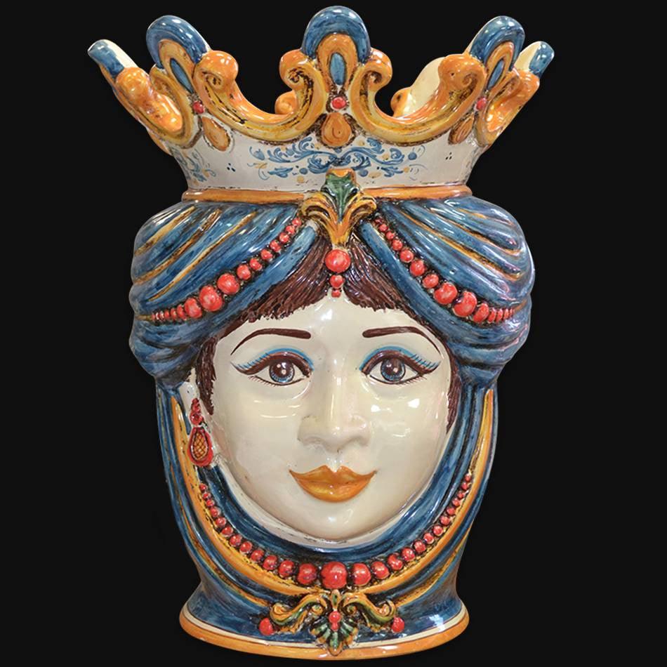 Testa h 40 c/perline blu e arancio femmina - Ceramiche di Caltagirone Sofia