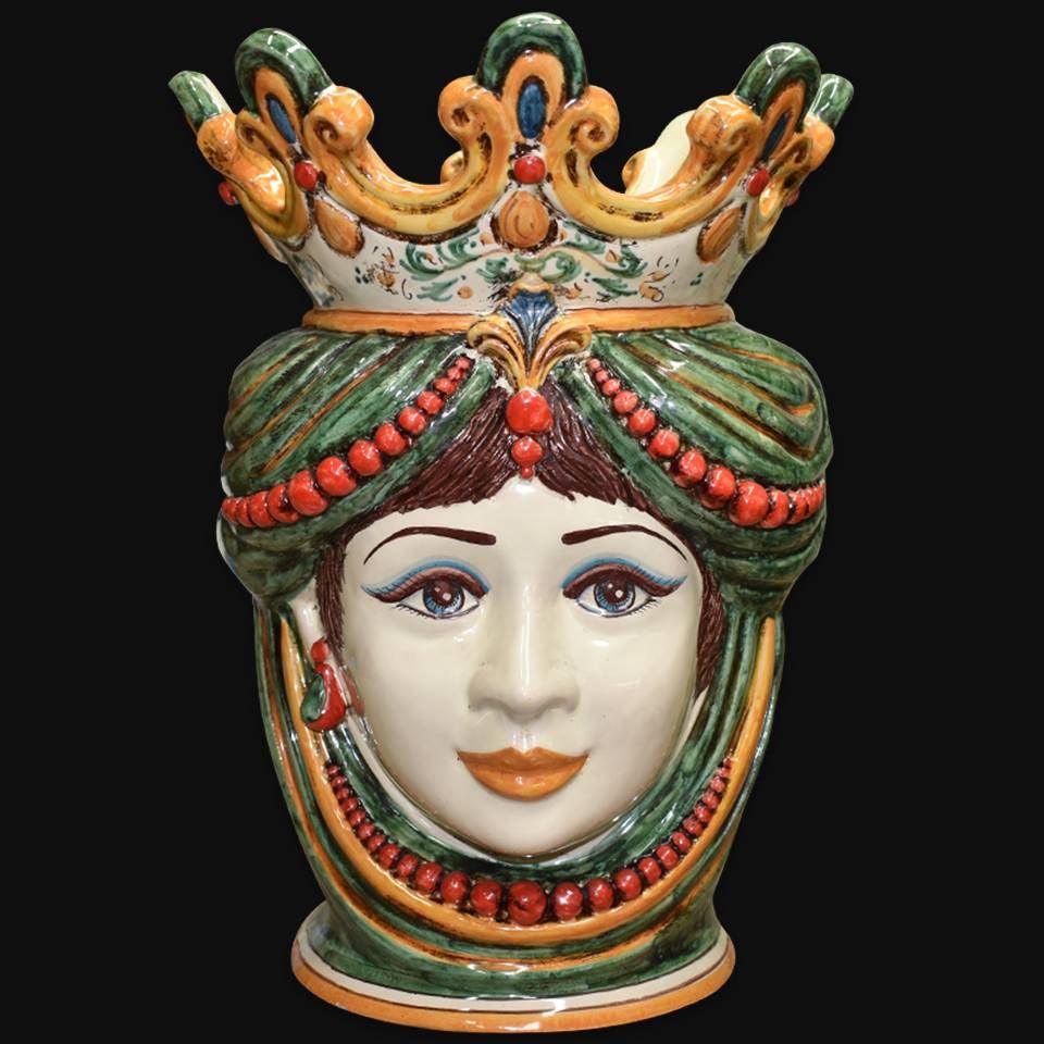 Testa h 40 c/perline verde/arancio femmina - Ceramiche di Caltagirone Sofia