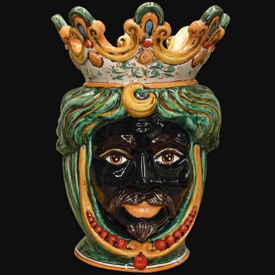 Testa h 40 c/perline verde/arancio maschio moro - Ceramiche di Caltagirone Sofia