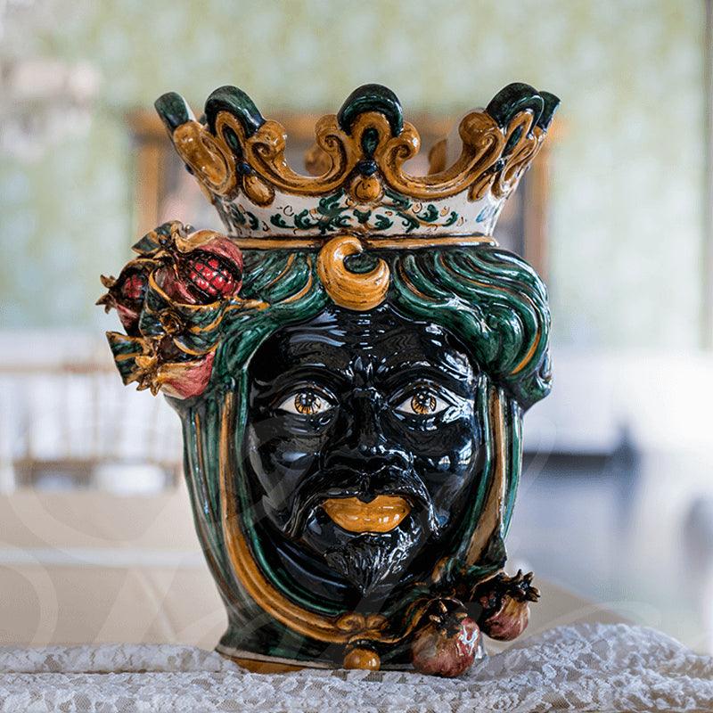 Testa h 40 melograno verde/arancio maschio moro - Ceramiche di Caltagirone Sofia