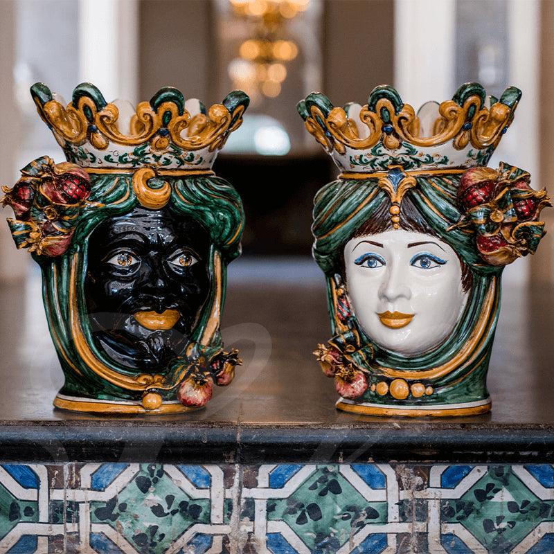 Testa h 40 melograno verde/arancio maschio moro - Ceramiche di Caltagirone Sofia