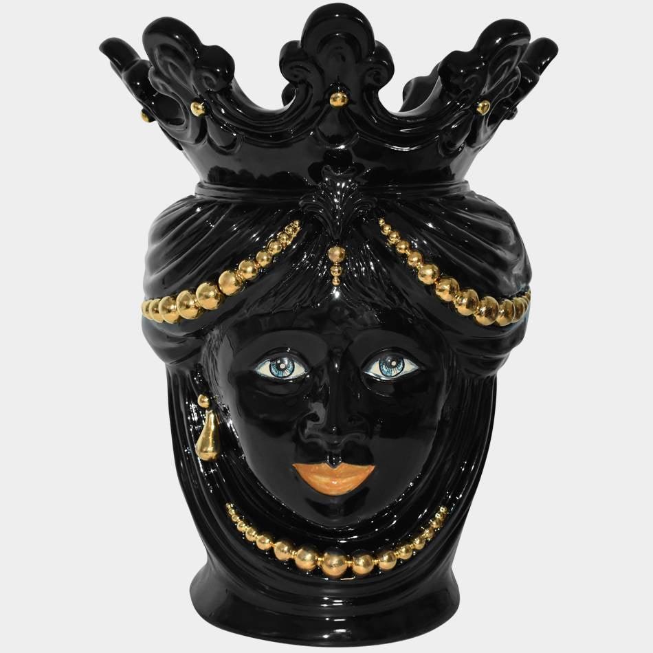Testa h 40 perline black gold con espressione femmina labbra arancio - Ceramiche di Caltagirone Sofia