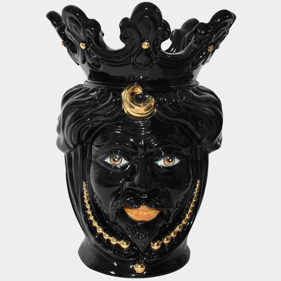Testa h 40 perline black gold con espressione uomo labbra arancio - Ceramiche di Caltagirone Sofia