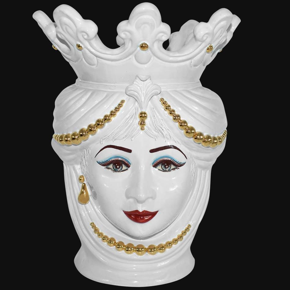Testa h 40 perline white gold con espressione donna moro labbra arancio - Ceramiche di Caltagirone Sofia