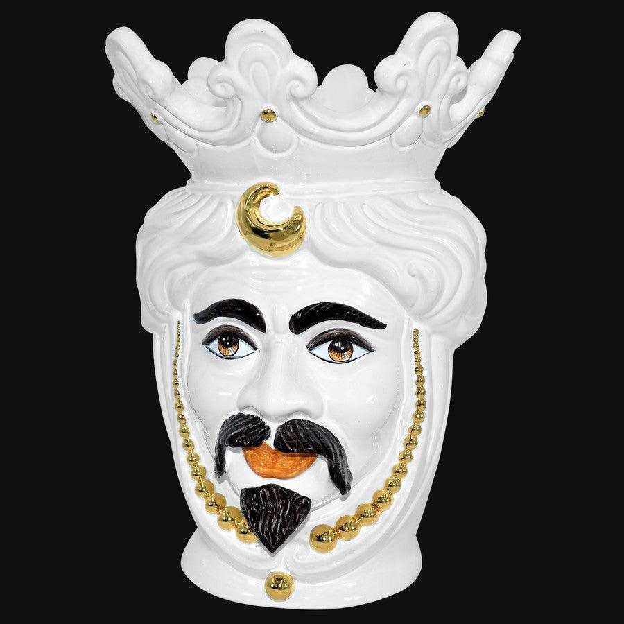 Testa h 40 perline white gold con espressione maschio bianco labbra arancio - Ceramiche di Caltagirone Sofia