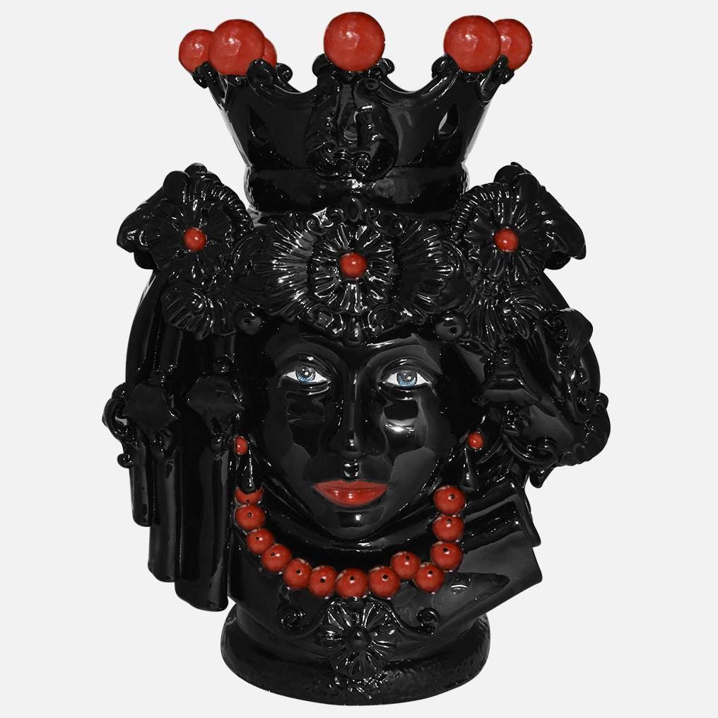 Testa h 50 c/turbante black line con perline rosse donna - Ceramiche di Caltagirone Sofia