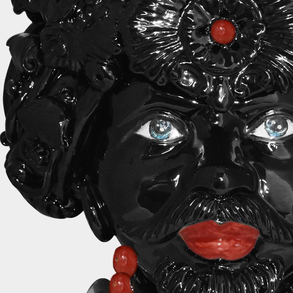 Testa h 50 c/turbante black line con perline rosse uomo - Ceramiche di Caltagirone Sofia