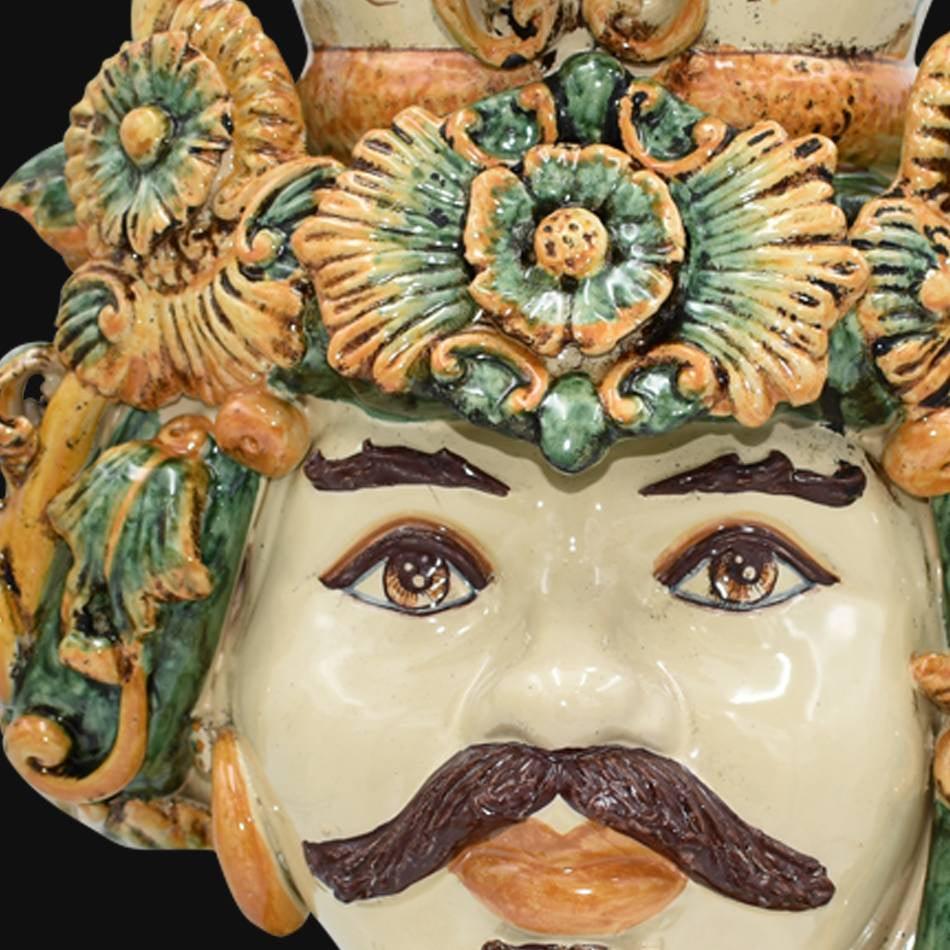 Testa h 50 c/turbante verde/arancio maschio bianco - Ceramiche di Caltagirone Sofia