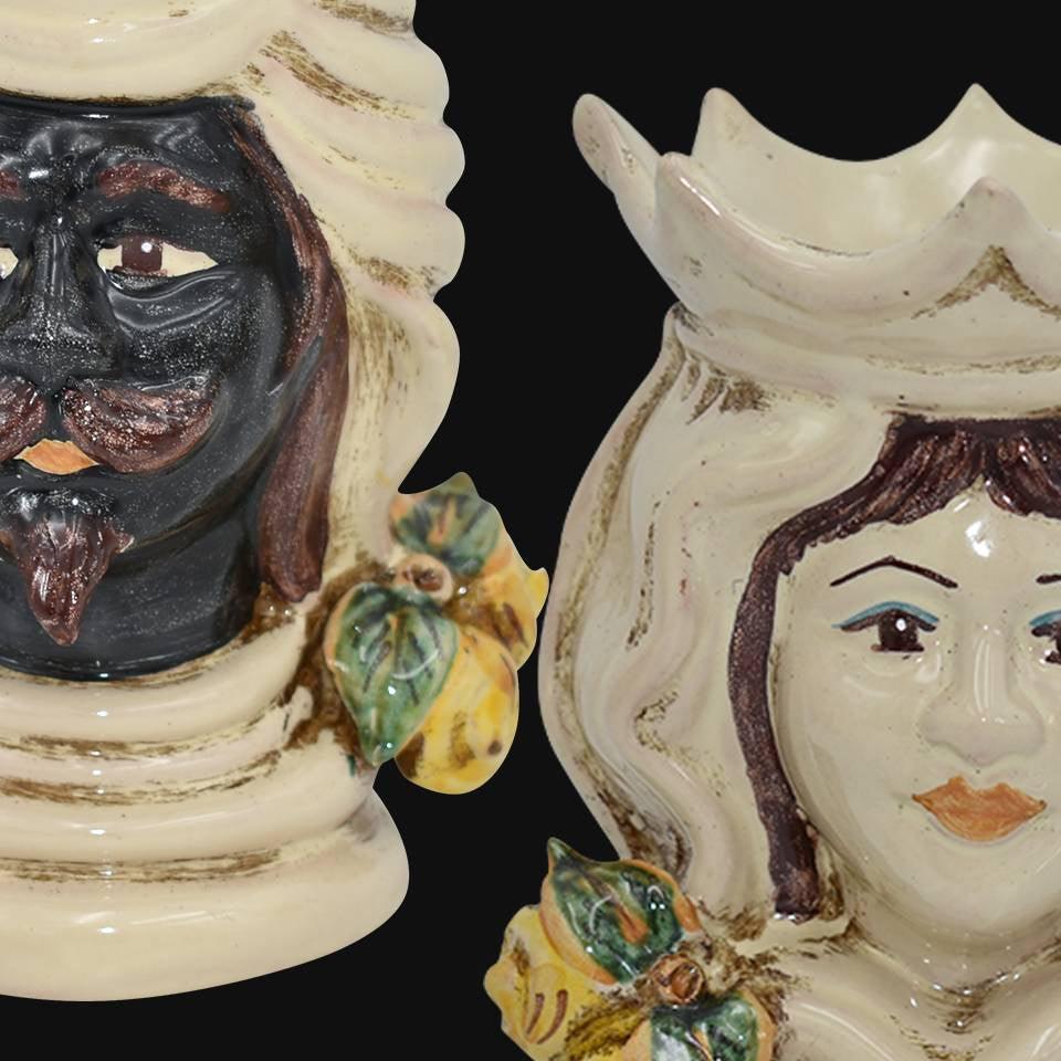 Teste di moro in avorio h 15 coppia con maschio moro - Ceramiche di Caltagirone Sofia
