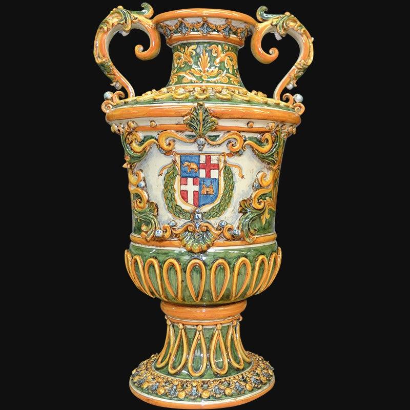 Vaso monumentale h 60 in serie limitata ornato fondo verde c/stemma malta - Ceramiche di Caltagirone Sofia